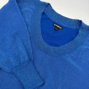 Express Blue Sparkle Metallic Knit Cropped Top Sweater Women's Size‎ Small